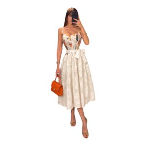Vestido Midi Marfil Floral Con Corset Y Moño En La Cintura