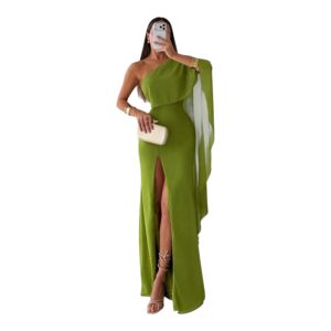 Vestido Verde Lima De Un Hombro Con Capa