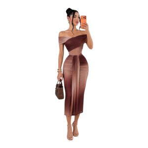 Vestido Midi Degradado Café Con Cut Out Y Drapeado Frontal