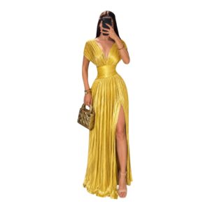 Vestido Amarillo Lima Con Escote Profundo Y Abertura