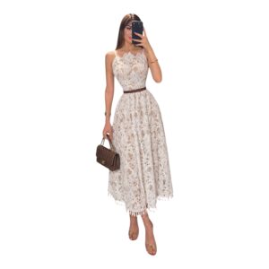 Vestido Midi De Encaje Marfil Con Cinturón Café