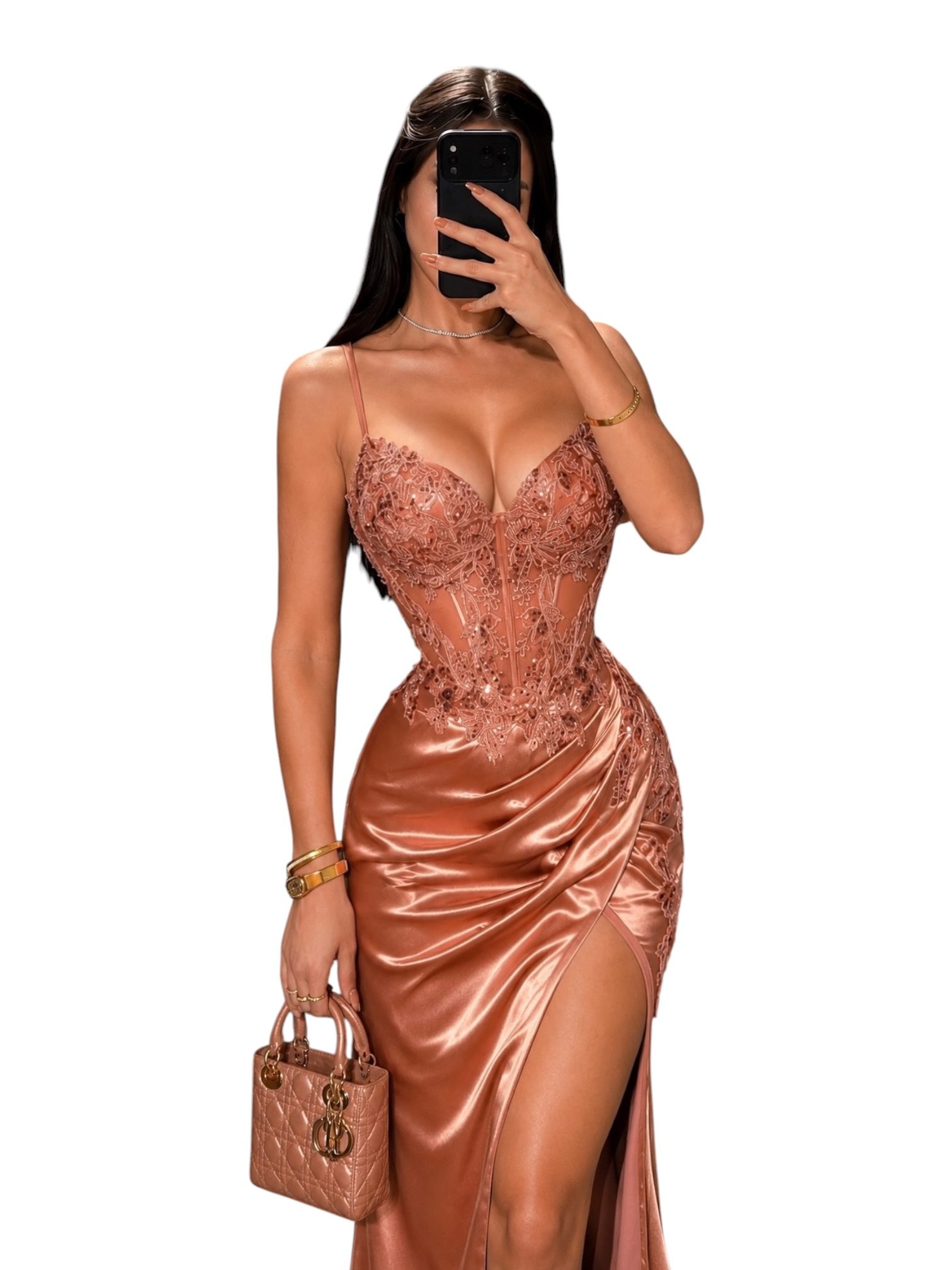 Vestido Satinado Rose Con Encaje Y Abertura Lateral - Image 3
