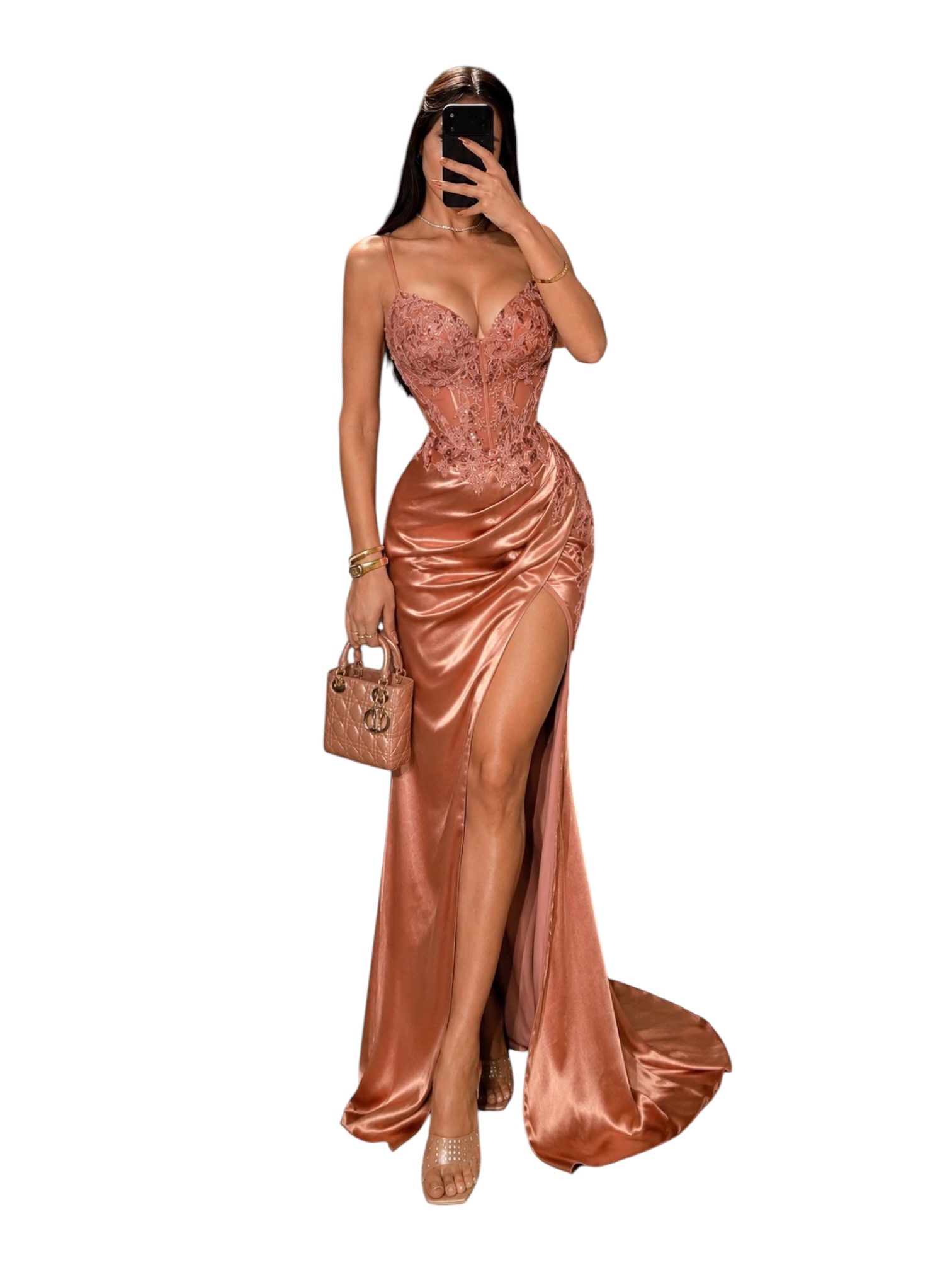 Vestido Satinado Rose Con Encaje Y Abertura Lateral - Image 2