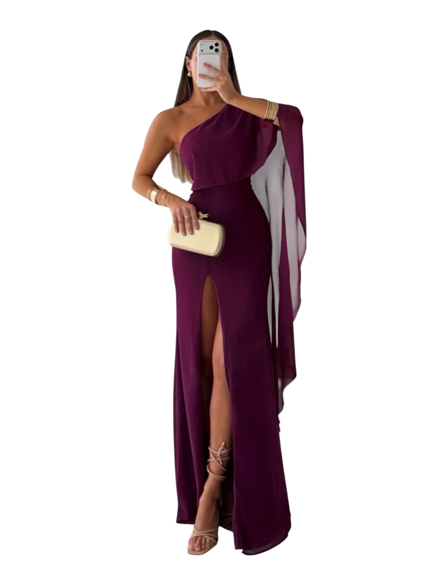 Vestido Morado De Un Hombro Con Manga Capa - Image 2