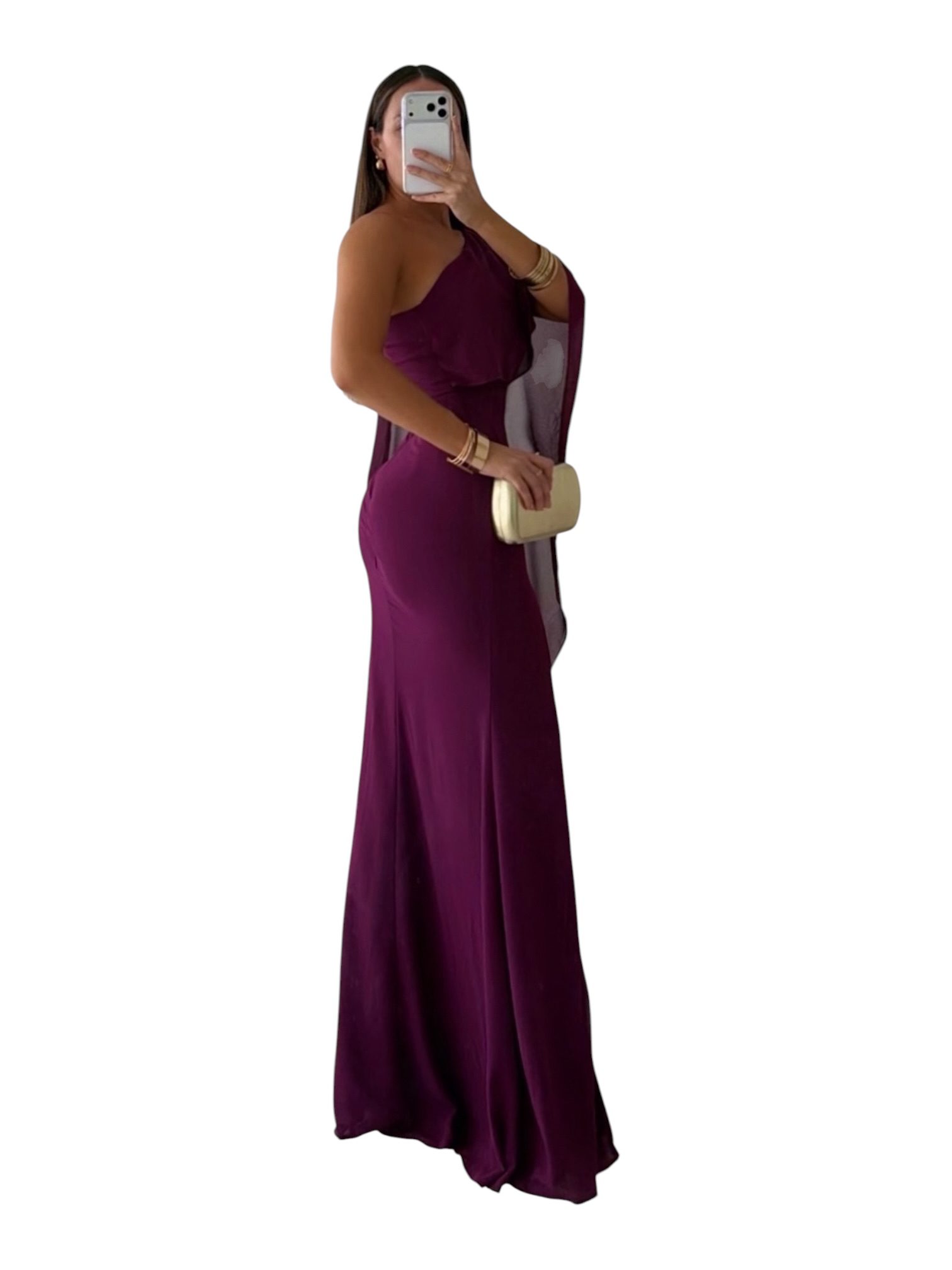 Vestido Morado De Un Hombro Con Manga Capa - Image 3