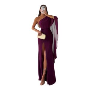 Vestido Morado De Un Hombro Con Manga Capa