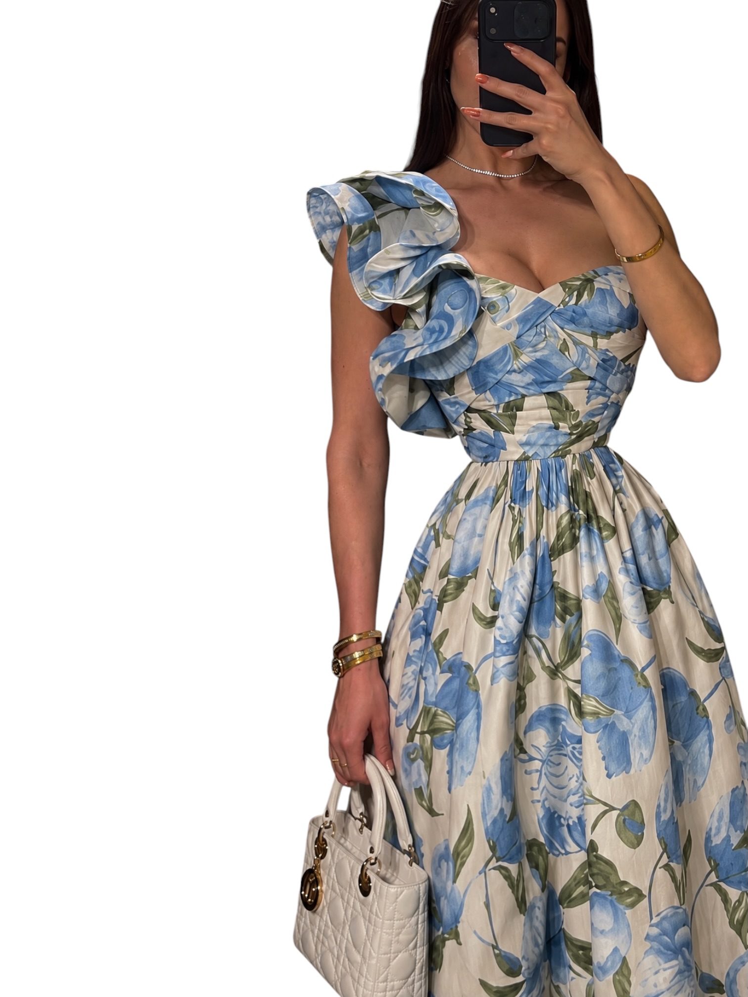 Vestido Blanco Con Estampado Floral Azul Y Olanes En Hombro - Image 3