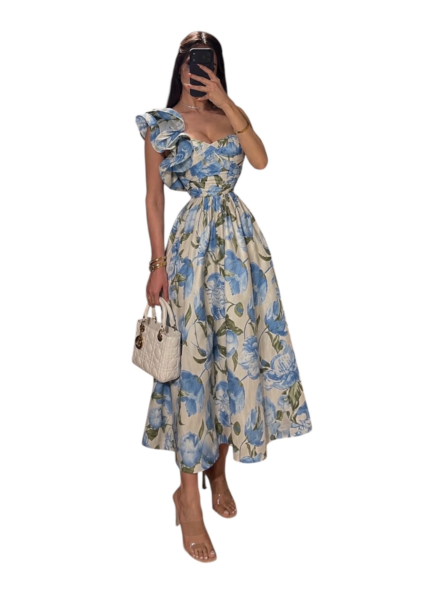 Vestido Blanco Con Estampado Floral Azul Y Olanes En Hombro - Image 2