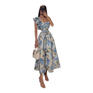 Vestido Blanco Con Estampado Floral Azul Y Olanes En Hombro