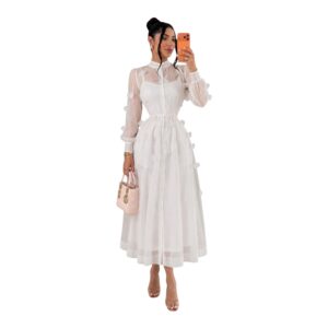 Vestido Midi Blanco De Tul Con Manga Larga Y Aplicaciones Florales