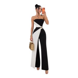 Palazzo Negro Strapless Con Panel Blanco Asimétrico Y Broche Dorado