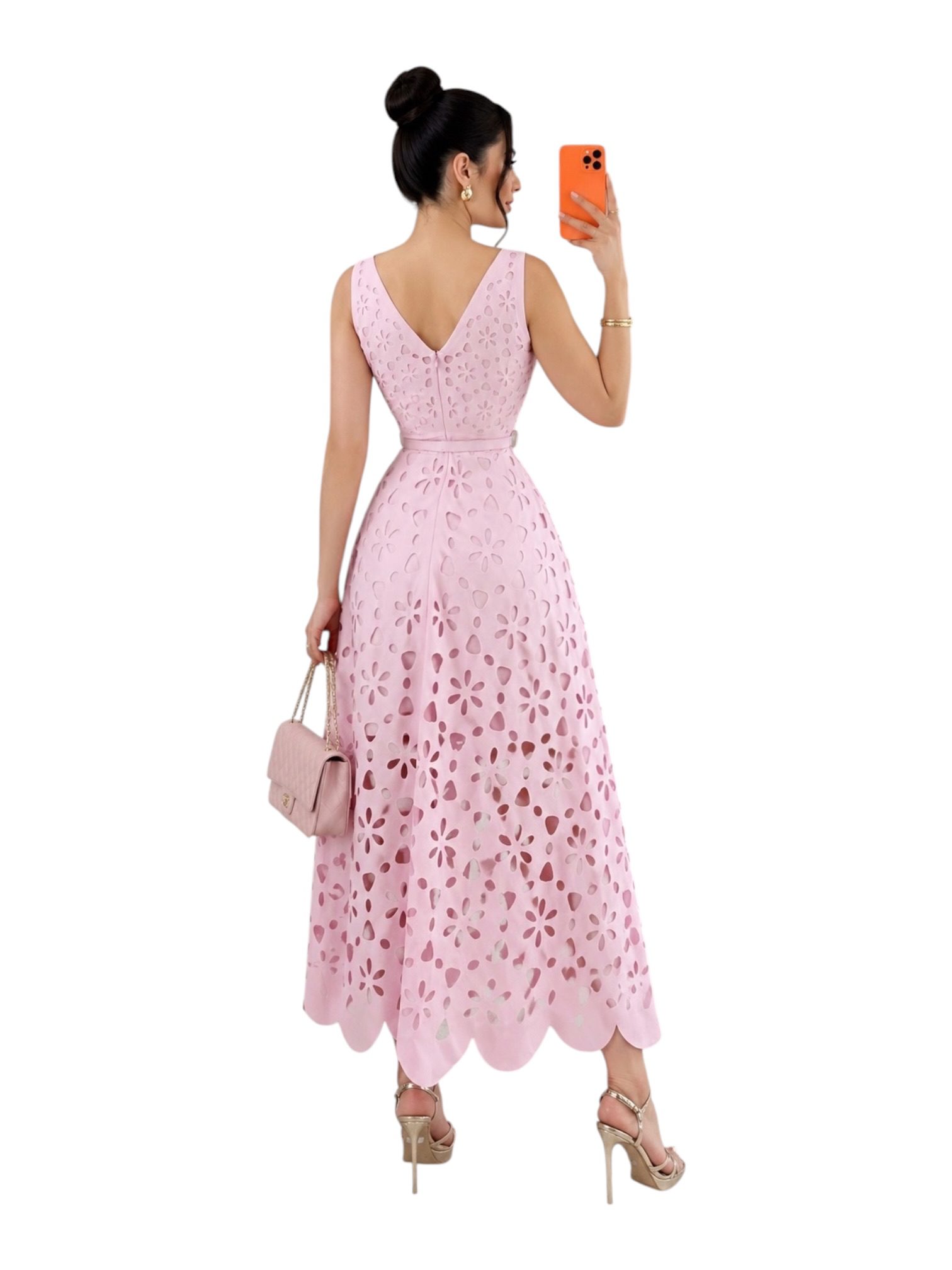 Vestido Rosa Con Calado Floral, Escote En V Y Cinturón - Image 3