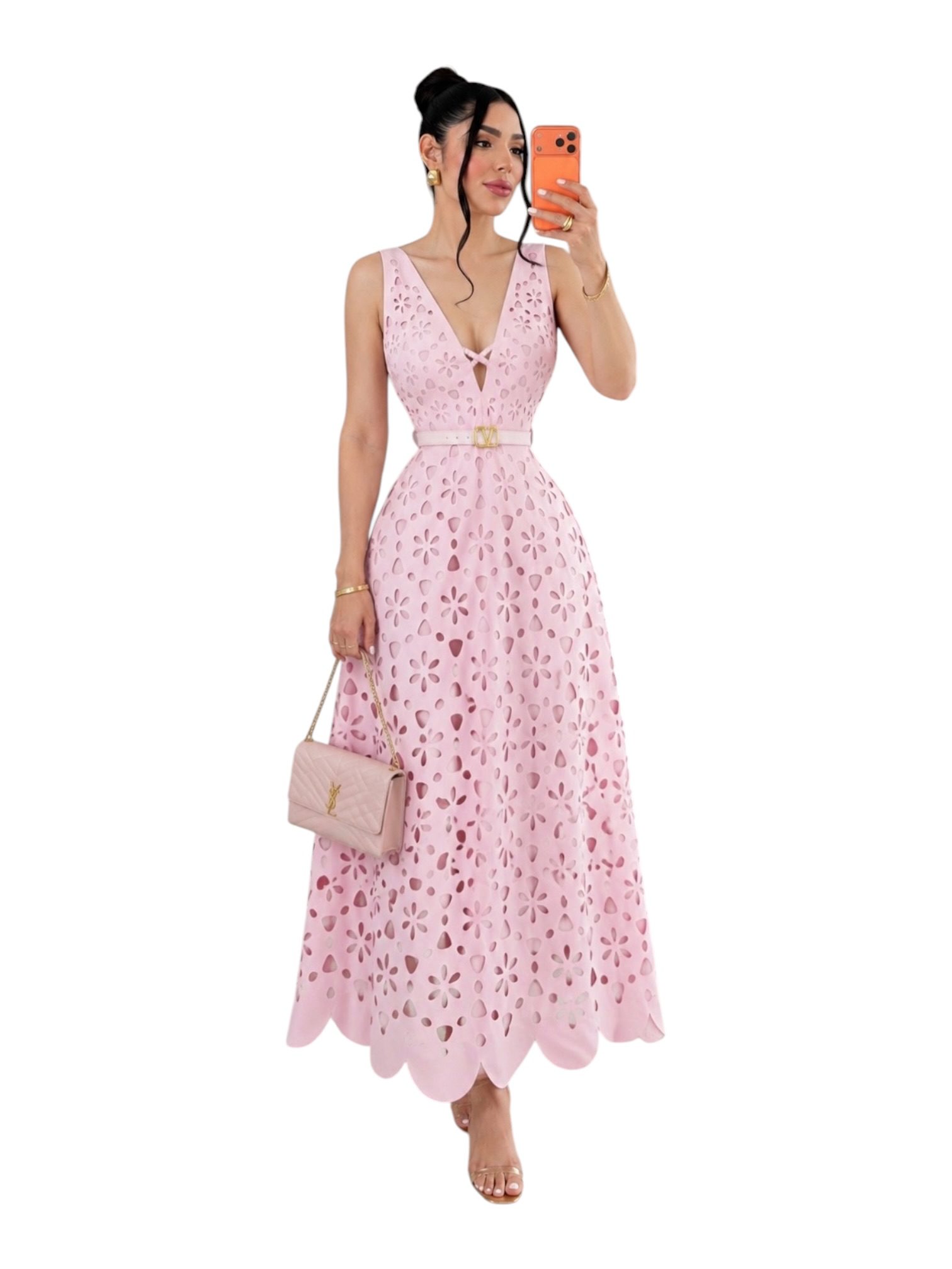Vestido Rosa Con Calado Floral, Escote En V Y Cinturón - Image 2