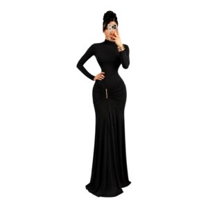Vestido Negro De Manga Larga Con Fruncido