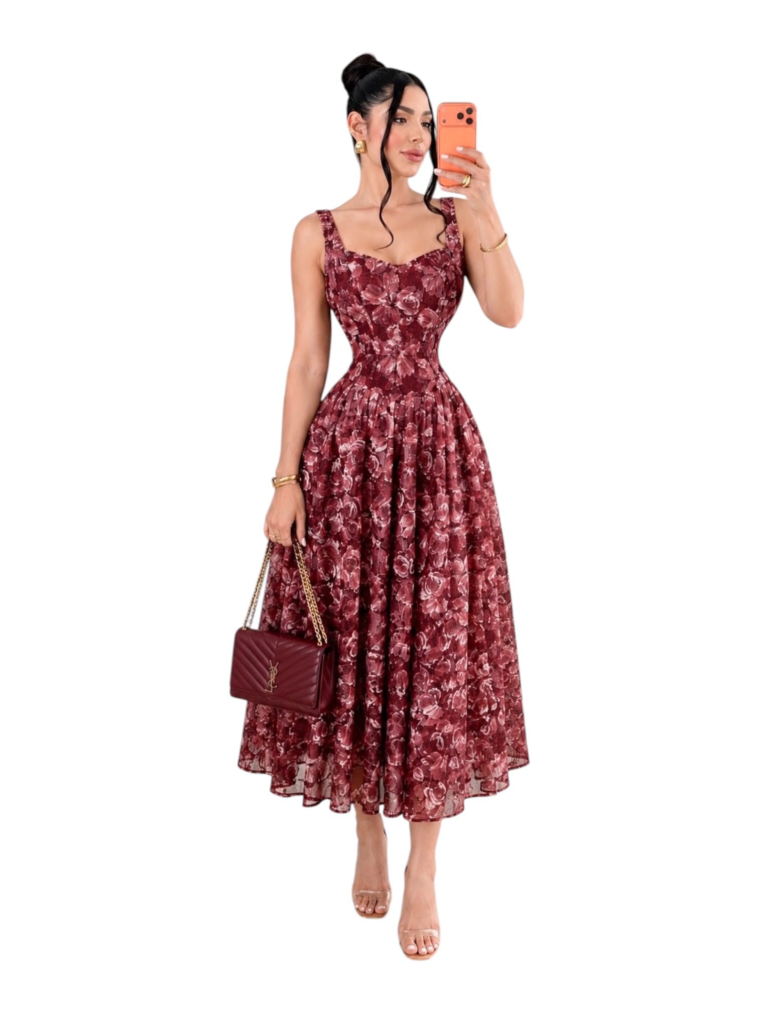 Vestido Vino Floral Con Corsé Y Falda Amplia - Image 3
