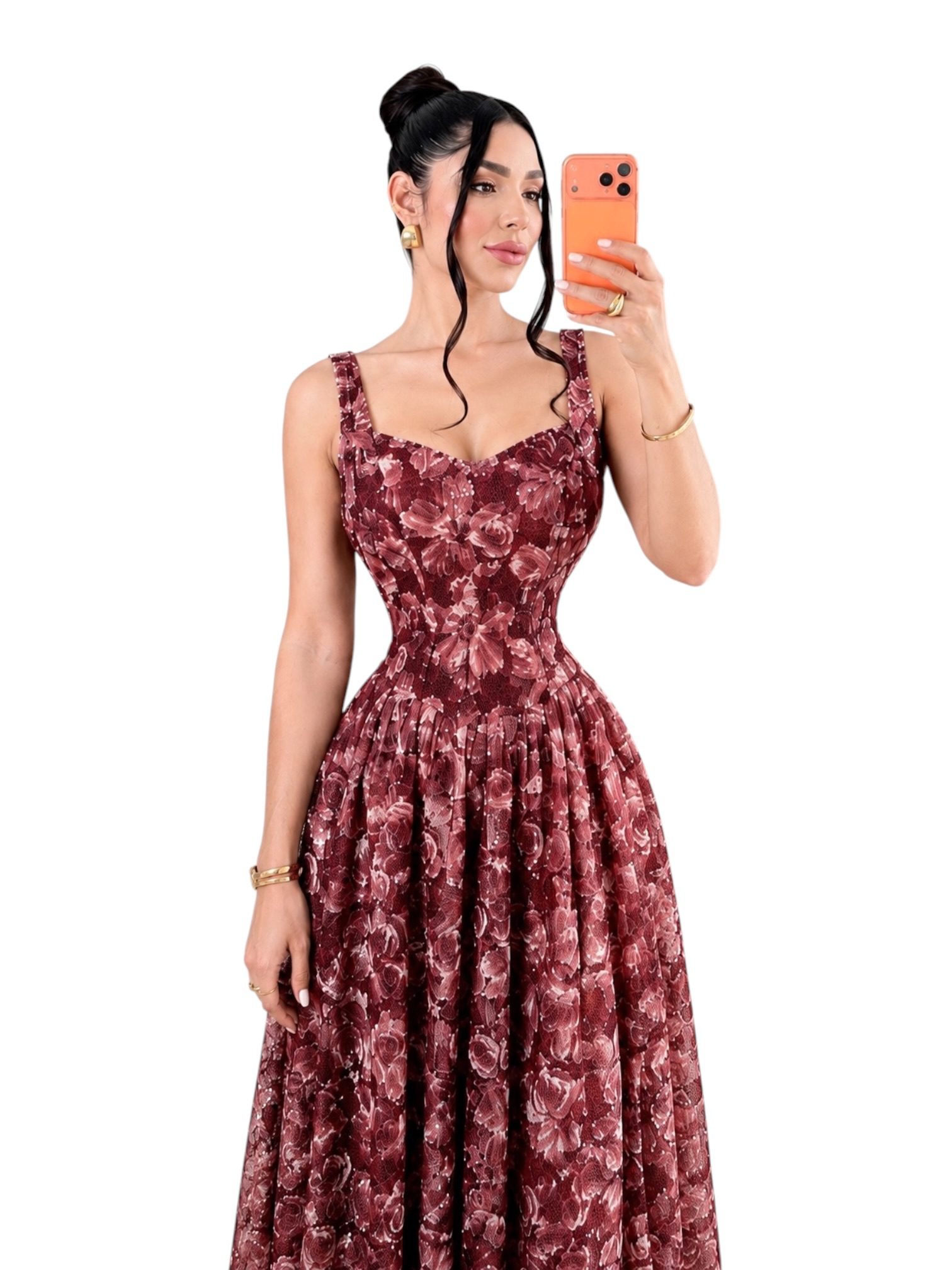 Vestido Vino Floral Con Corsé Y Falda Amplia - Image 2
