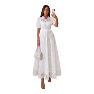 Vestido Blanco Camisero De Encaje Con Cinturón
