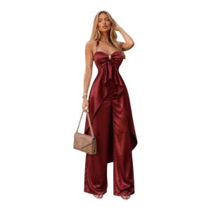 Conjunto Cognac Satinado Con Escote Fruncido Y Pierna Amplia