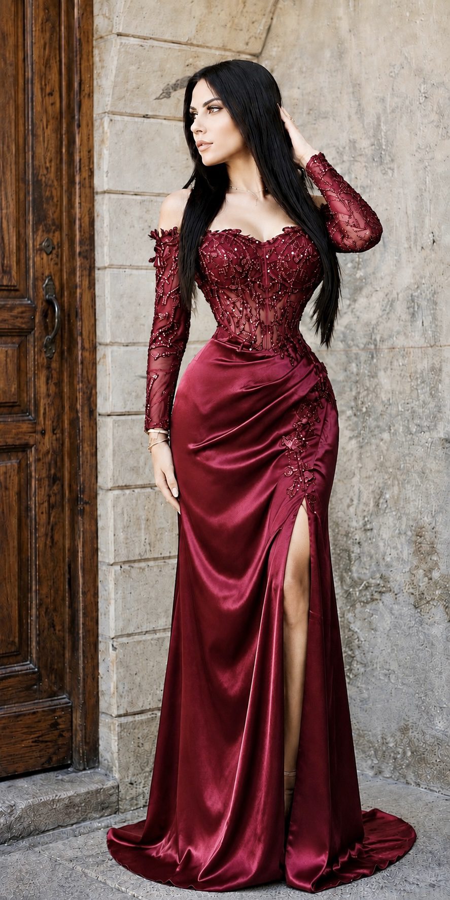 Vestido Vino Satinado Con Corset De Pedrería Y Abertura - Image 4