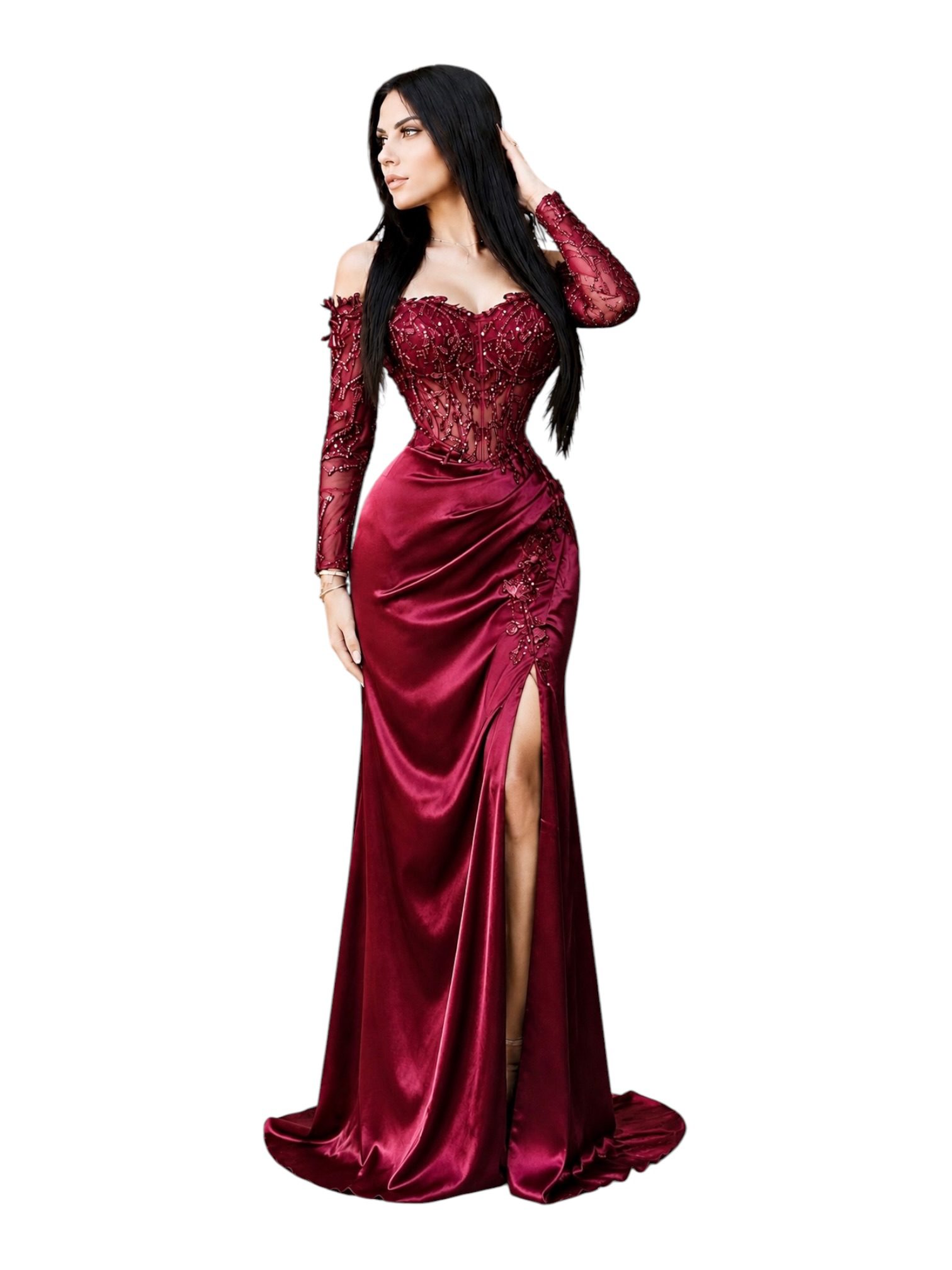 Vestido Vino Satinado Con Corset De Pedrería Y Abertura - Image 2