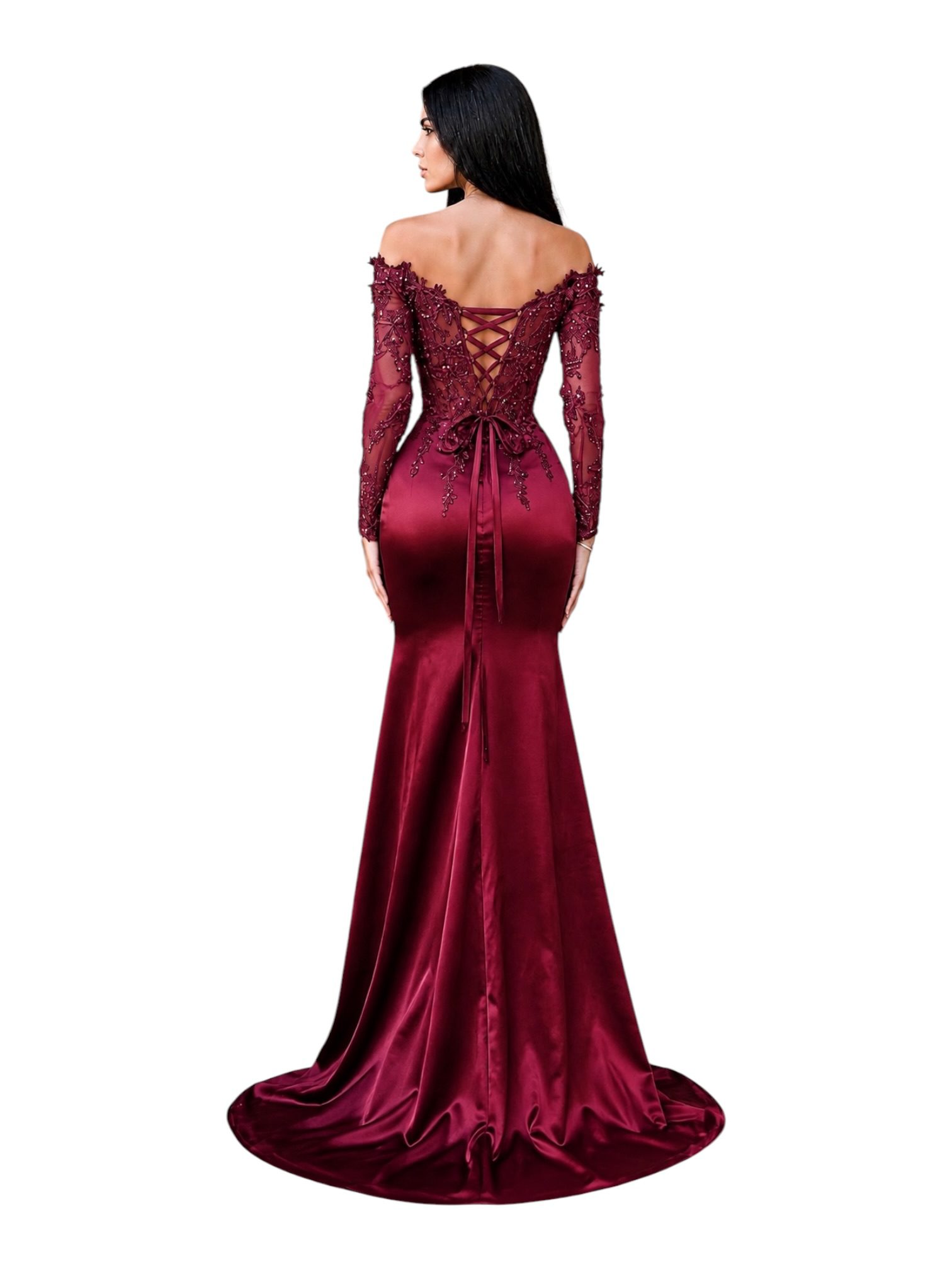 Vestido Vino Satinado Con Corset De Pedrería Y Abertura - Image 3