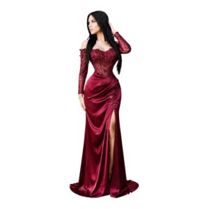 Vestido Vino Satinado Con Corset De Pedrería Y Abertura