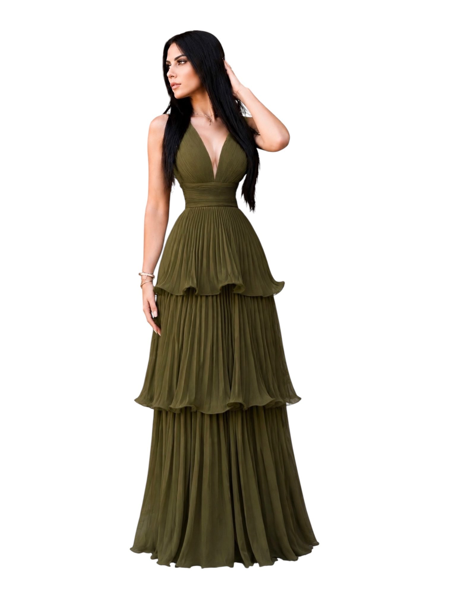 Vestido Verde Olivo Plisado Con Capas Y Escote Profundo - Image 2