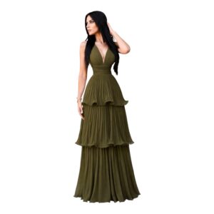 Vestido Verde Olivo Plisado Con Capas Y Escote Profundo