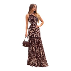 Vestido Beige Con Cafe y Collar