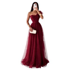 Vestido Vino De Tul Con Corset Y Hombro Asimétrico
