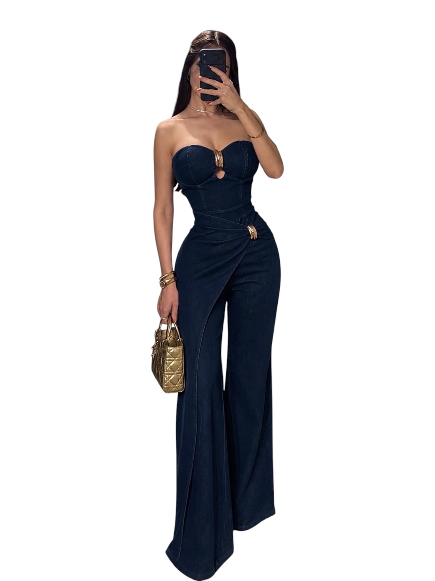 Palazzo De Mezclilla Azul Oscuro Strapless Con Detalles Dorados - Image 2