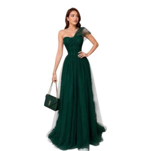 Vestido Verde Esmeralda De Tul Con Corset Y Hombro Asimétrico
