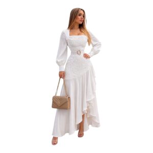 Vestido Blanco Con Bordado Floral Mangas Largas Y Volantes