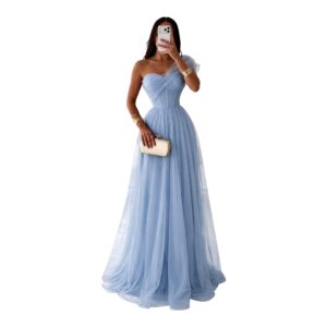 Vestido Azul De Tul Con Escote Asimétrico