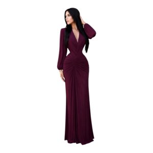 Vestido Morado Con Escote Profundo Y Fruncido Central