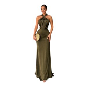 Vestido Verde Olivo Satinado Con Cuello Halter