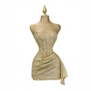 Vestido Dorado Corto Con Corset De Brillos Y Fruncido