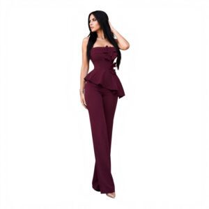Palazzo Vino Strapless Con Flores Y Peplum
