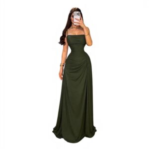 Vestido Verde Olivo Drapado Con Escote Recto Y Fruncido