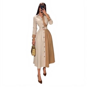 Vestido Midi Beige Bicolor Con Botones Y Cinturón