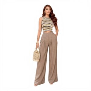 Conjunto Beige De Top Tejido Rayado Y Pantalón