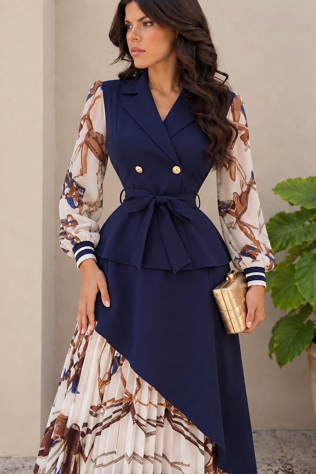 Vestido Azul Marino Con Estampado Efecto Pañuelo Y Falda Plisada - Image 4