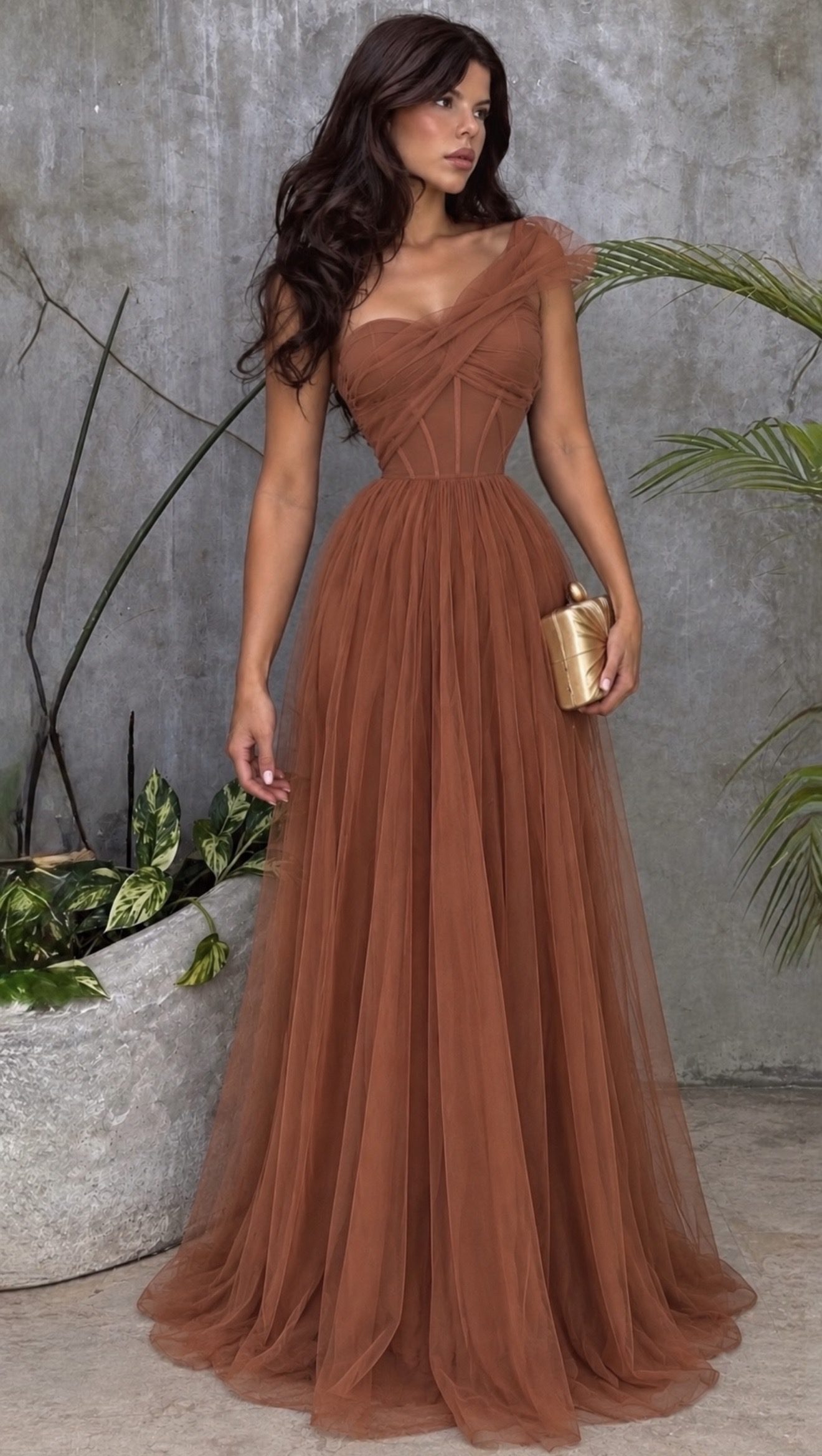 Vestido Terracota De Tul Con Corset Y Escote Asimétrico - Image 3