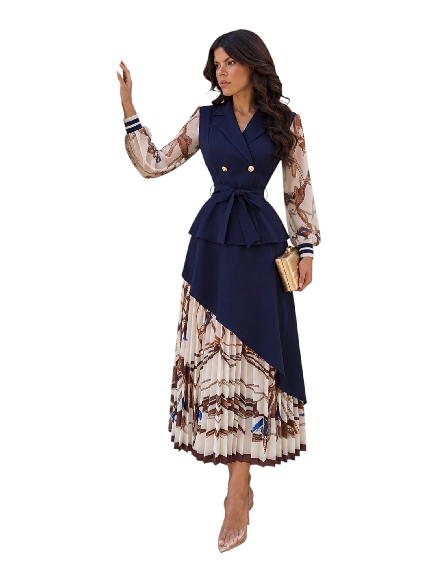 Vestido Azul Marino Con Estampado Efecto Pañuelo Y Falda Plisada - Image 2