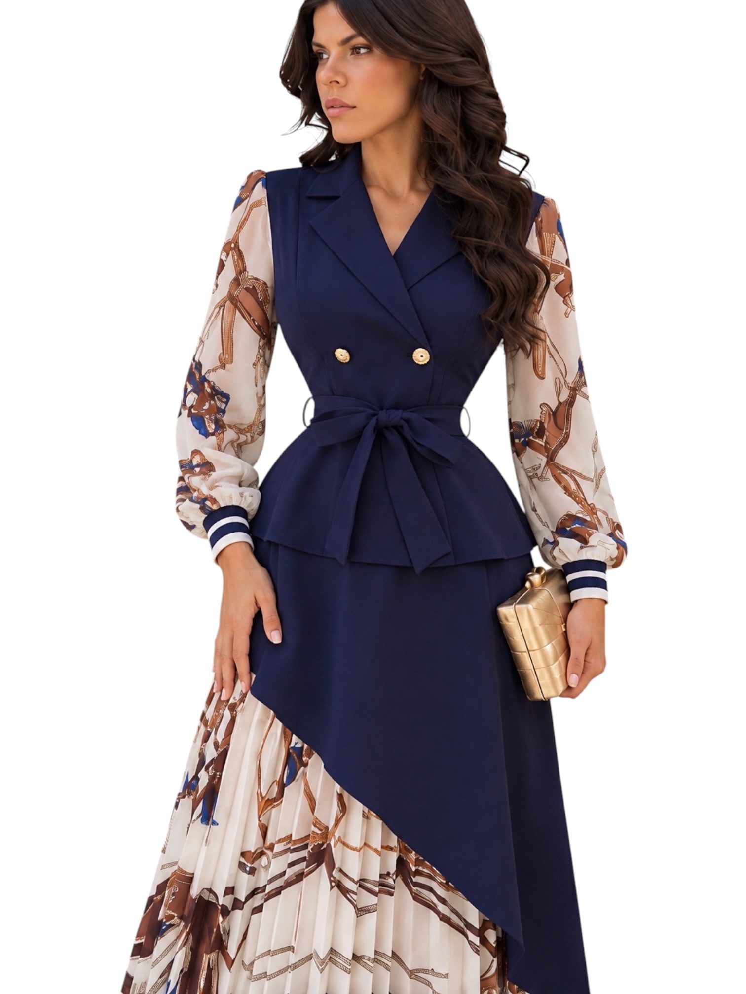 Vestido Azul Marino Con Estampado Efecto Pañuelo Y Falda Plisada - Image 3