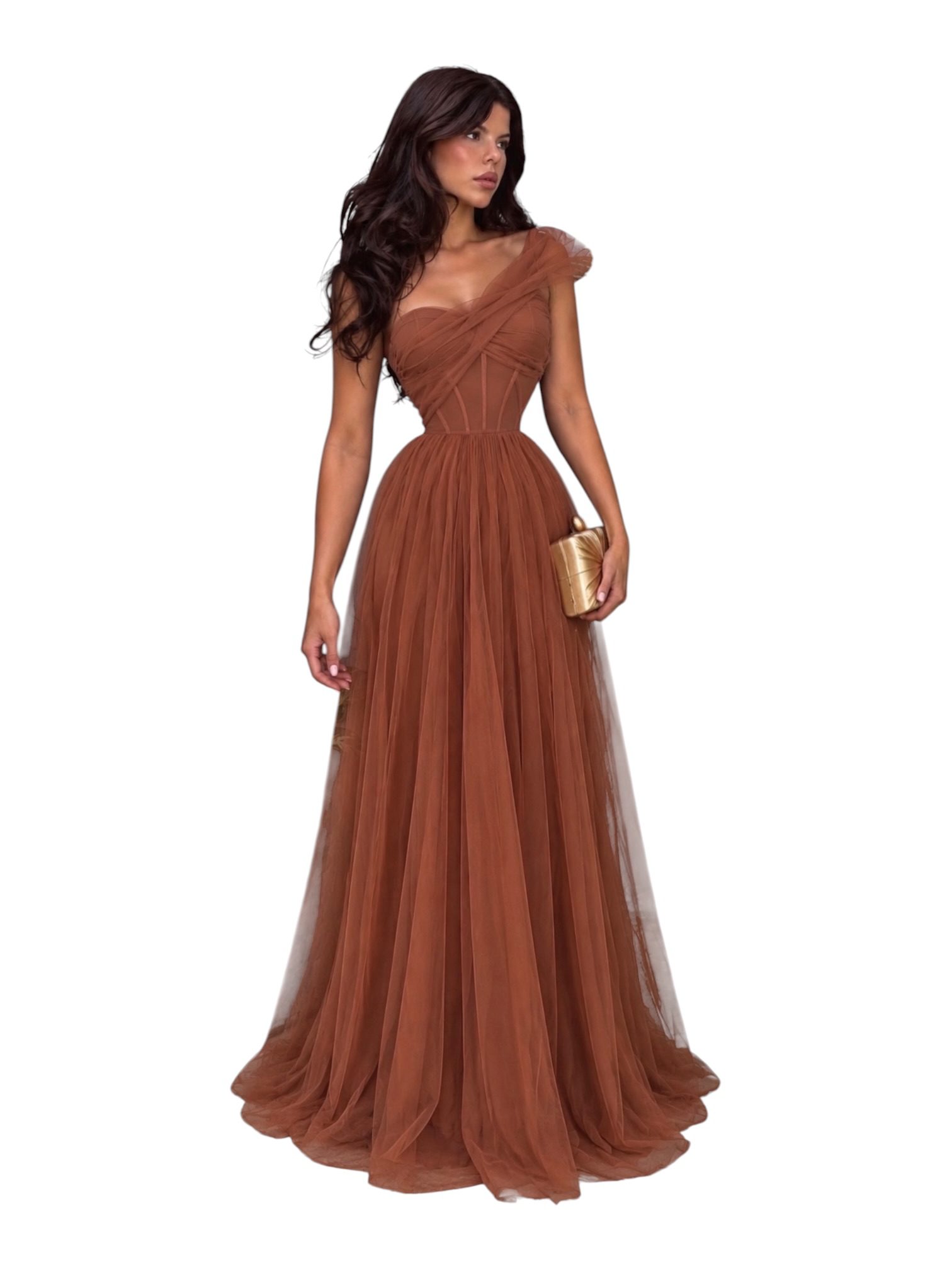 Vestido Terracota De Tul Con Corset Y Escote Asimétrico - Image 2