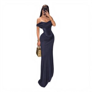 Vestido Azul Marino Con Corset Y Escote Caído