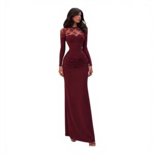 Vestido Vino Con Corset Y Encaje Floral De Manga Larga