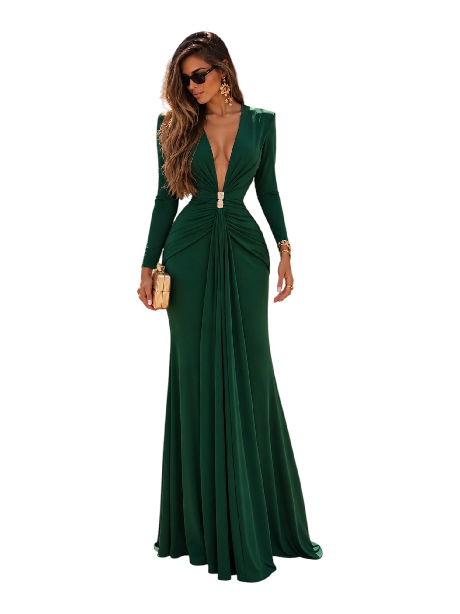 Vestido Verde Esmeralda Con Escote Profundo Y Drapeado Frontal - Image 2
