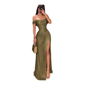 Vestido Verde Olivo Drapeado Con Hombros Descubiertos Y Abertura - S
